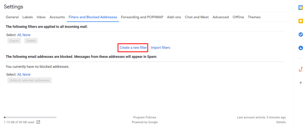Criação de um novo filtro no Gmail.