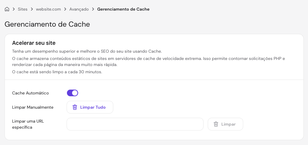 Tela do Gerenciador de Cache no hPanel mostrando a opção Cache automático ativada e opções para limpar todas as páginas armazenadas em cache ou uma URL específica