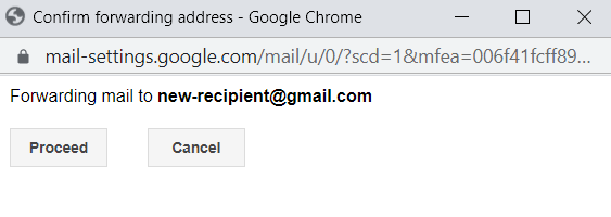 Confirmação de um novo endereço de encaminhamento no Gmail.