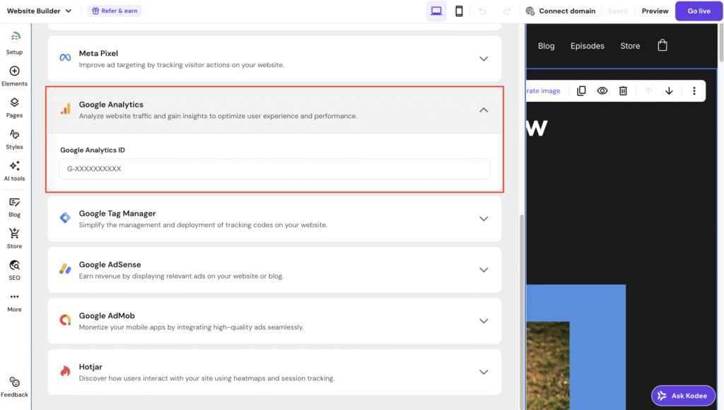 Configurações de integração do Google Analytics no Criador de Sites da Hostinger