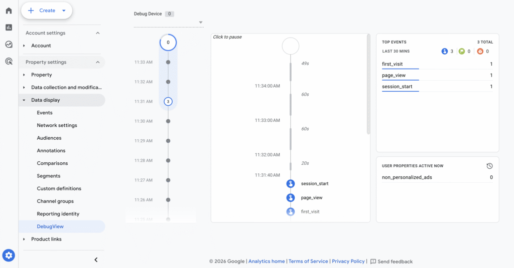 Interface do DebugView no Google Analytics 4