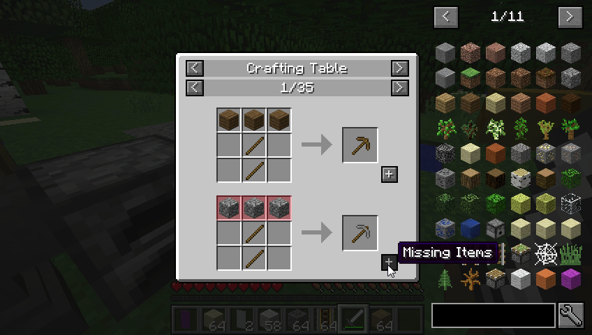 Captura de tela do Minecraft mostrando uma mesa de cria&ccedil;&atilde;o com receitas dispon&iacute;veis