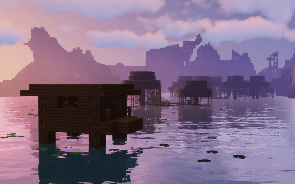 Captura de tela do Minecraft mostrando casas de madeira constru&iacute;das sobre a &aacute;gua, com sombras e texturas de alta qualidade