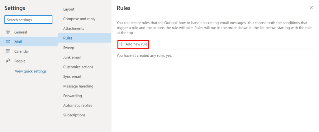 Adição de uma nova regra no Outlook.