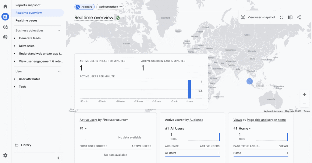 Interface do relatório de Tempo real no Google Analytics 4