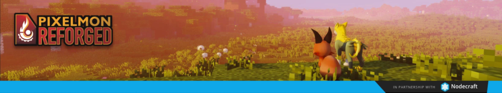 Logotipo do Pixelmon Reforged sobre uma imagem com criaturas parecidas com Pok&eacute;mon em um cen&aacute;rio do Minecraft