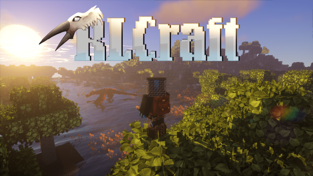 Imagem com o logotipo do RLCraft e um personagem do Minecraft em cima de uma &aacute;rvore, observando um corpo d'&aacute;gua enquanto um drag&atilde;o sobrevoa o local