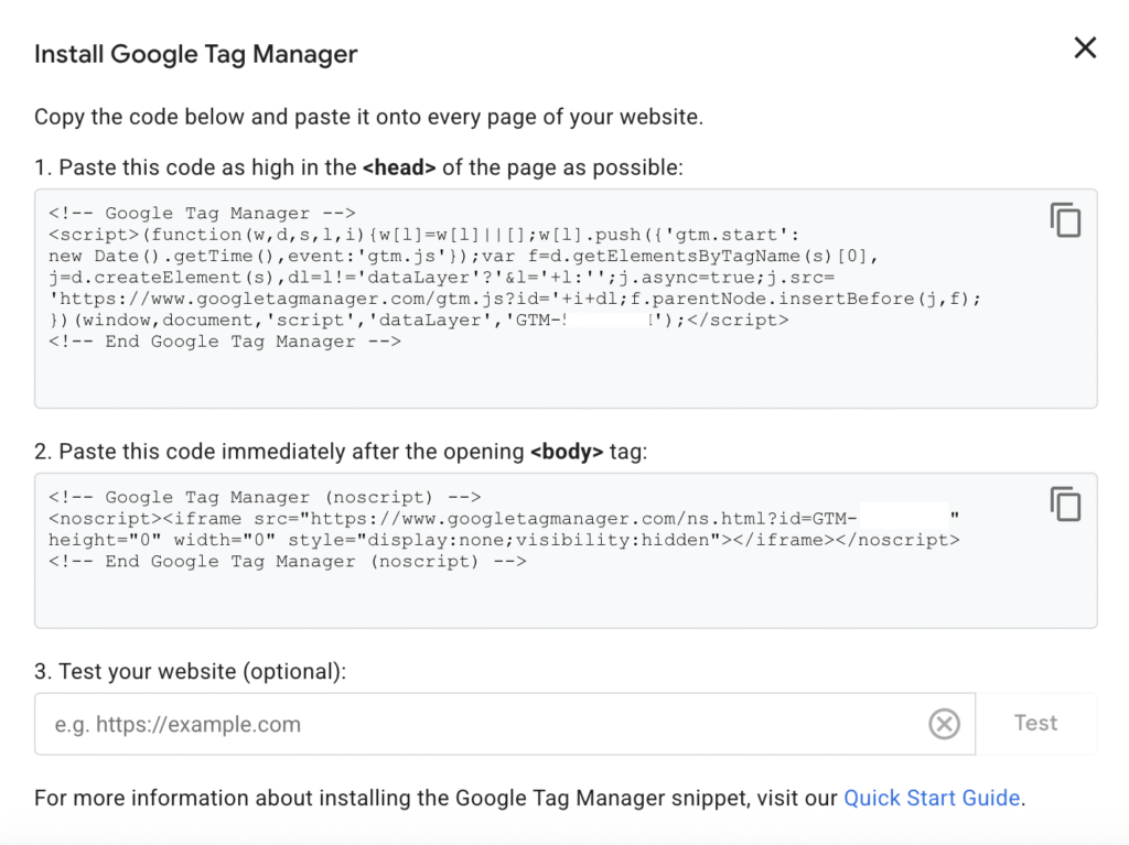 Trechos de código do Google Tag Manager