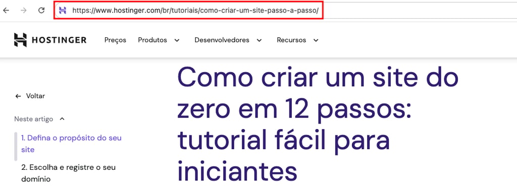 URL na barra de endere&ccedil;os do navegador