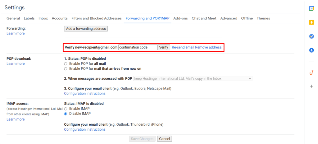 Verificação de um novo endereço de encaminhamento no Gmail.