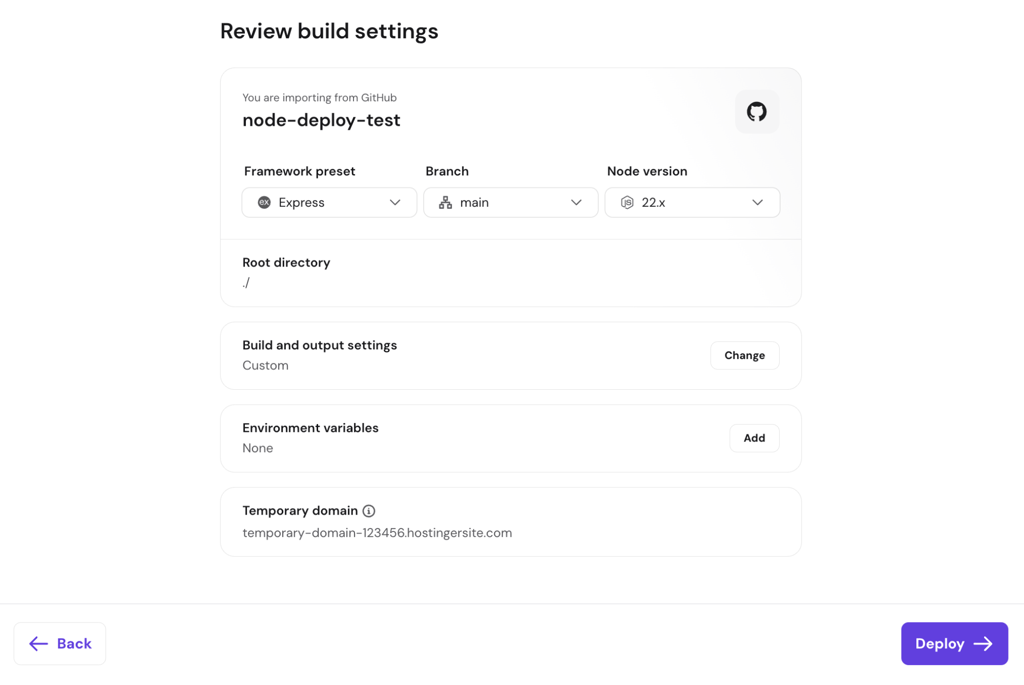 hPanel da Hostinger mostrando as configurações de build detectadas automaticamente para a aplicação web Node.js