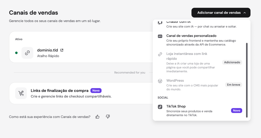 Menu Adicionar canal de vendas aberto no painel do Hostinger Ecommerce, com a opção TikTok Shop destacada na seção Social e o selo Novo ao lado