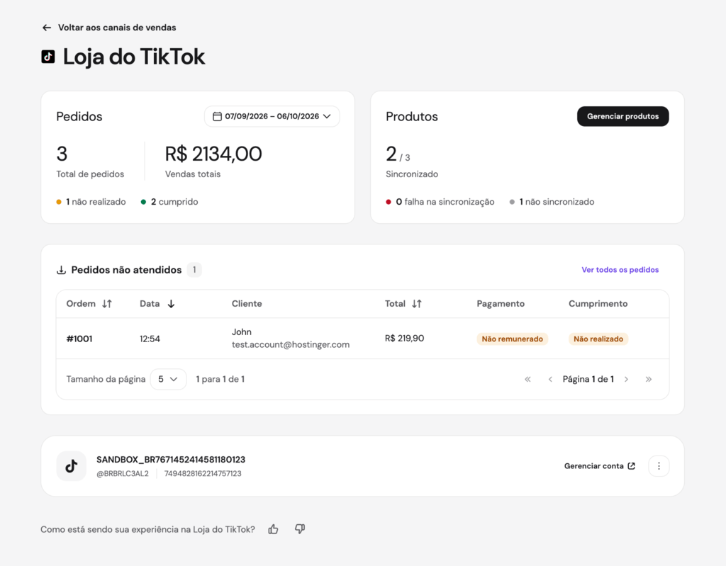 Painel do canal TikTok Shop no Hostinger Ecommerce em português, com resumo de pedidos e vendas dos últimos 30 dias, contagem de produtos sincronizados e um pedido não atendido na lista