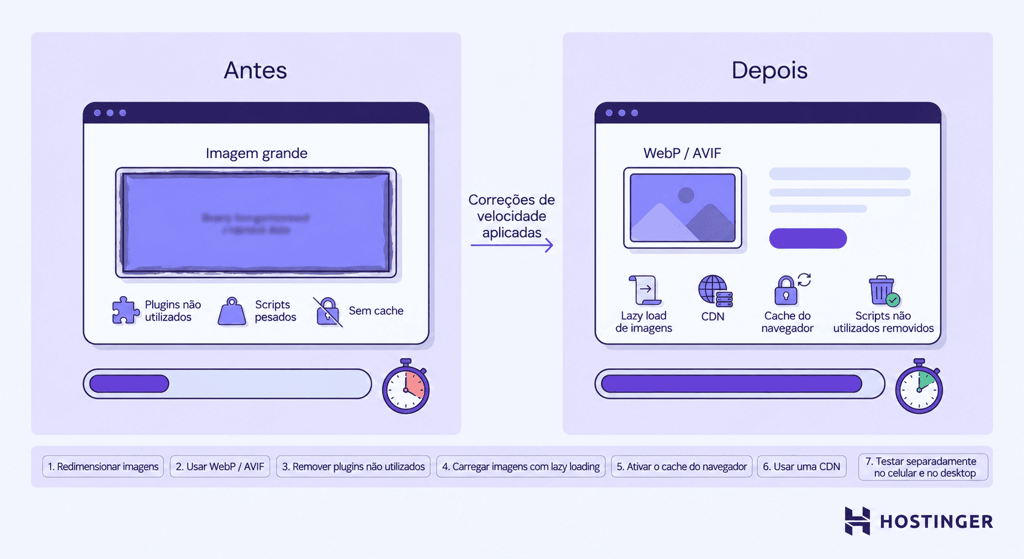 Diagrama comparativo de uma página de produto antes e depois da otimização, mostrando carregamento lento e otimizado e sete melhorias de velocidade abaixo