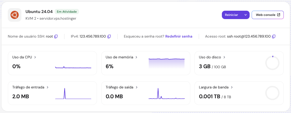hPanel da Hostinger mostrando o endereço IP do servidor na seção Detalhes do VPS