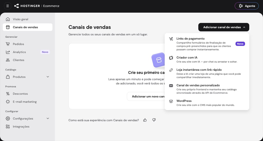 Opção Link rapido do Hostinger Ecommerce na página de canais de vendas