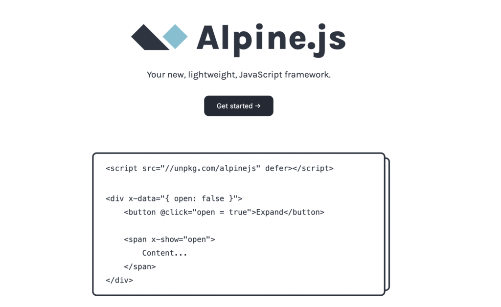 A página inicial do Alpine.js mostra o logotipo, o slogan "Your new, lightweight, JavaScript framework" e um exemplo de código que demonstra como alternar a exibição de conteúdo.