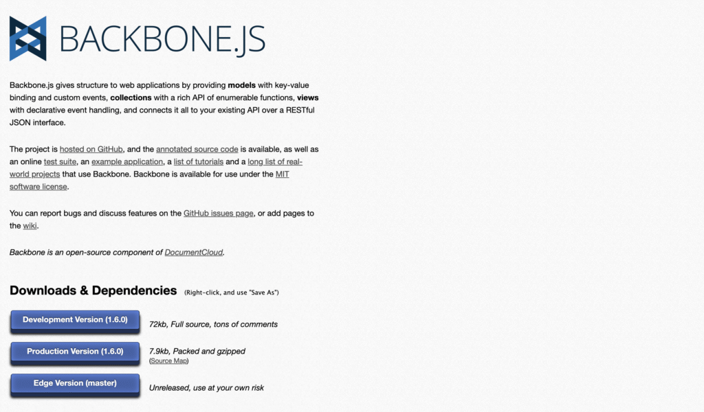 A página inicial do Backbone.js apresenta uma descrição do projeto e opções de download para as versões de desenvolvimento, produção e edge.