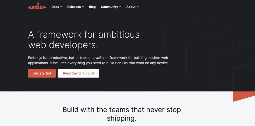 A página inicial do Ember.js apresenta o framework JavaScript para desenvolvedores web ambiciosos, com opções para começar a usar ou acessar o tutorial.