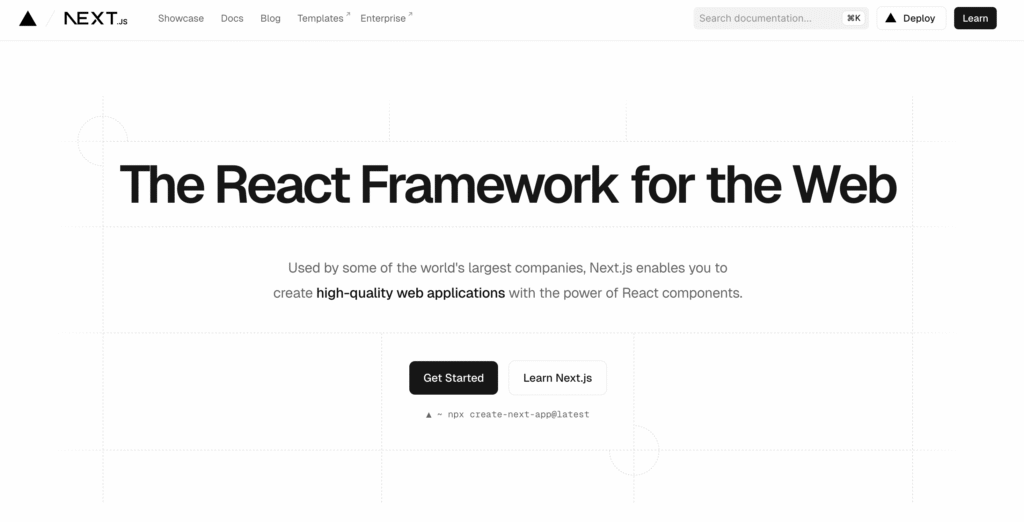 A página inicial do Next.js apresenta o slogan "The React Framework for the Web", com opções para começar a usar ou aprender sobre o Next.js, destacando a criação de aplicações web de alta qualidade com React.