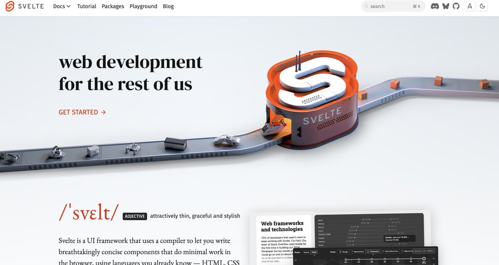 A página inicial do Svelte apresenta seu slogan e uma esteira que leva componentes até uma máquina no formato do logotipo do Svelte, além de uma descrição do framework para interfaces de usuário.