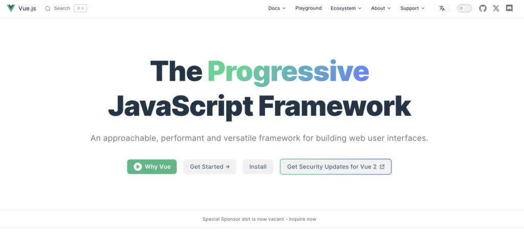 A página inicial do Vue.js exibe o slogan "The Progressive JavaScript Framework", com opções para conhecer o Vue, começar a usar, instalar e consultar atualizações de segurança do Vue 2.
