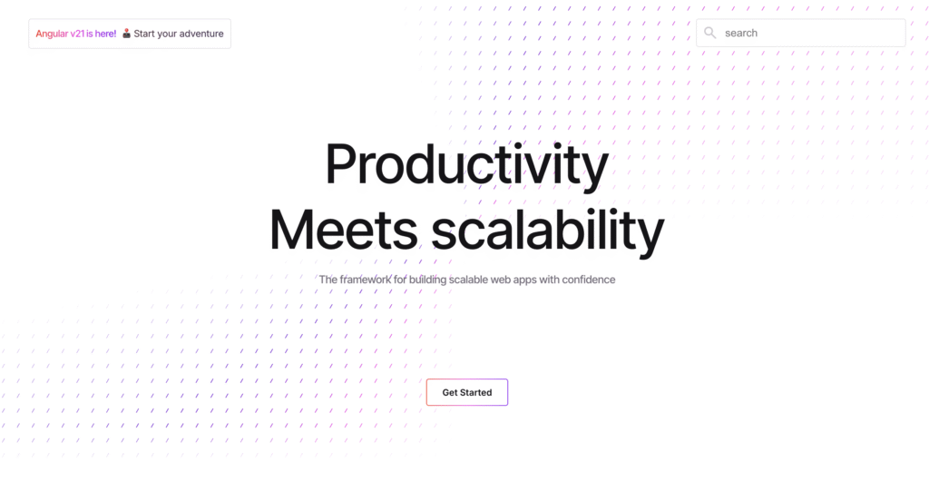 A página inicial do Angular exibe a frase "Productivity Meets Scalability" e o botão "Get Started", apresentando um framework para criar aplicações web escaláveis.