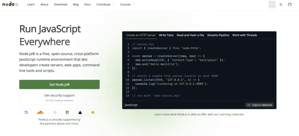 A página inicial do Node.js destaca um exemplo de código JavaScript para criar um servidor HTTP que escuta na porta 3000.
