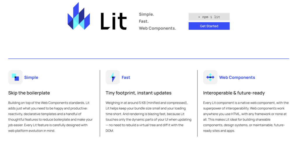 A página inicial do Lit mostra o logotipo e um slogan sobre componentes web simples e rápidos, além de seções que destacam a redução de código repetitivo, o tamanho reduzido e a interoperabilidade.