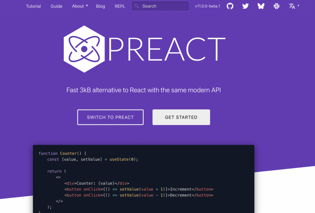 A página inicial do Preact apresenta o logotipo, o slogan que o descreve como uma alternativa rápida ao React com 3 kB, uma barra de navegação e um exemplo de código de um componente contador.