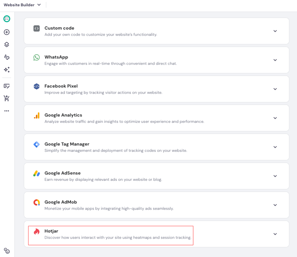 Menu de integrações do Criador com IA da Hostinger com o Hotjar em destaque