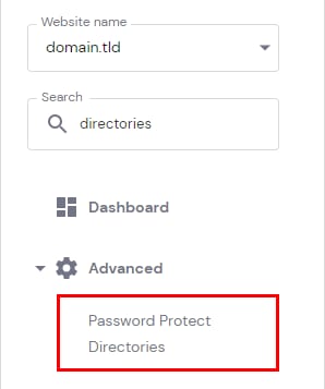 Hostinger dashbord with the Password Protect Directories menu item highlighted