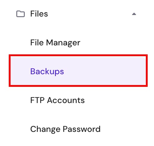Hostinger dashboard Files menu with Backups option selected