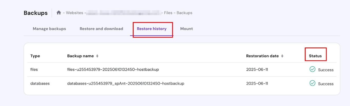 Hostinger backups page with the Restore history tab and Status column highlighted