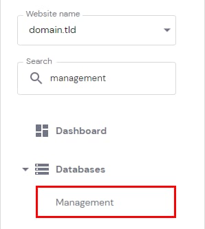 Hostinger dashboard sidebar with Databases section open and Management option highlighted