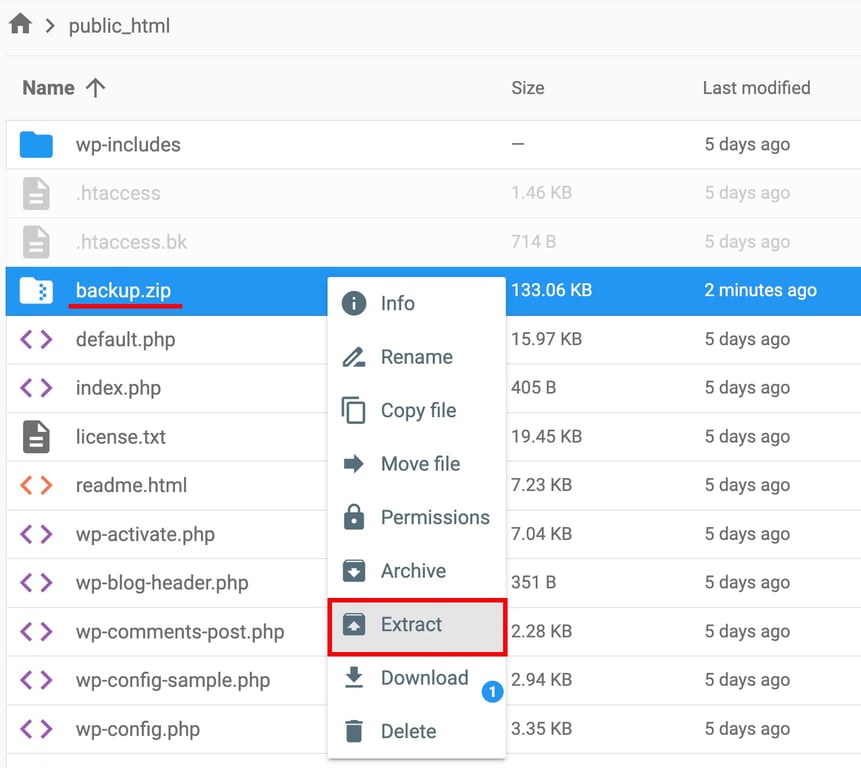 Hostinger File Manager context menu open on backup.zip, with Extract highlighted
