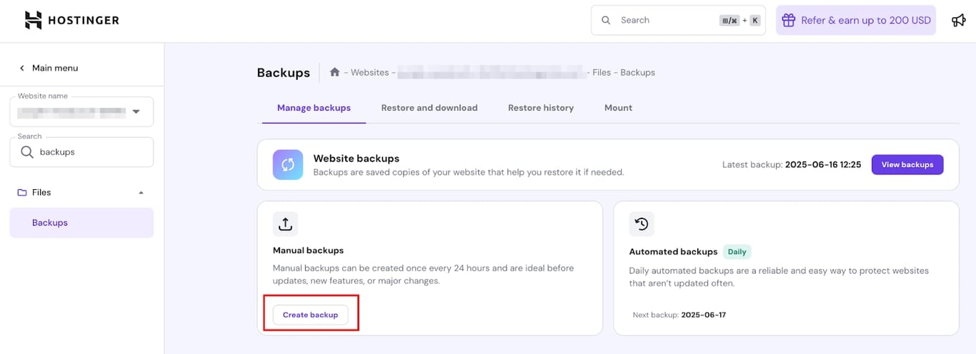 Hostinger website backups page with the Create backup button highlighted