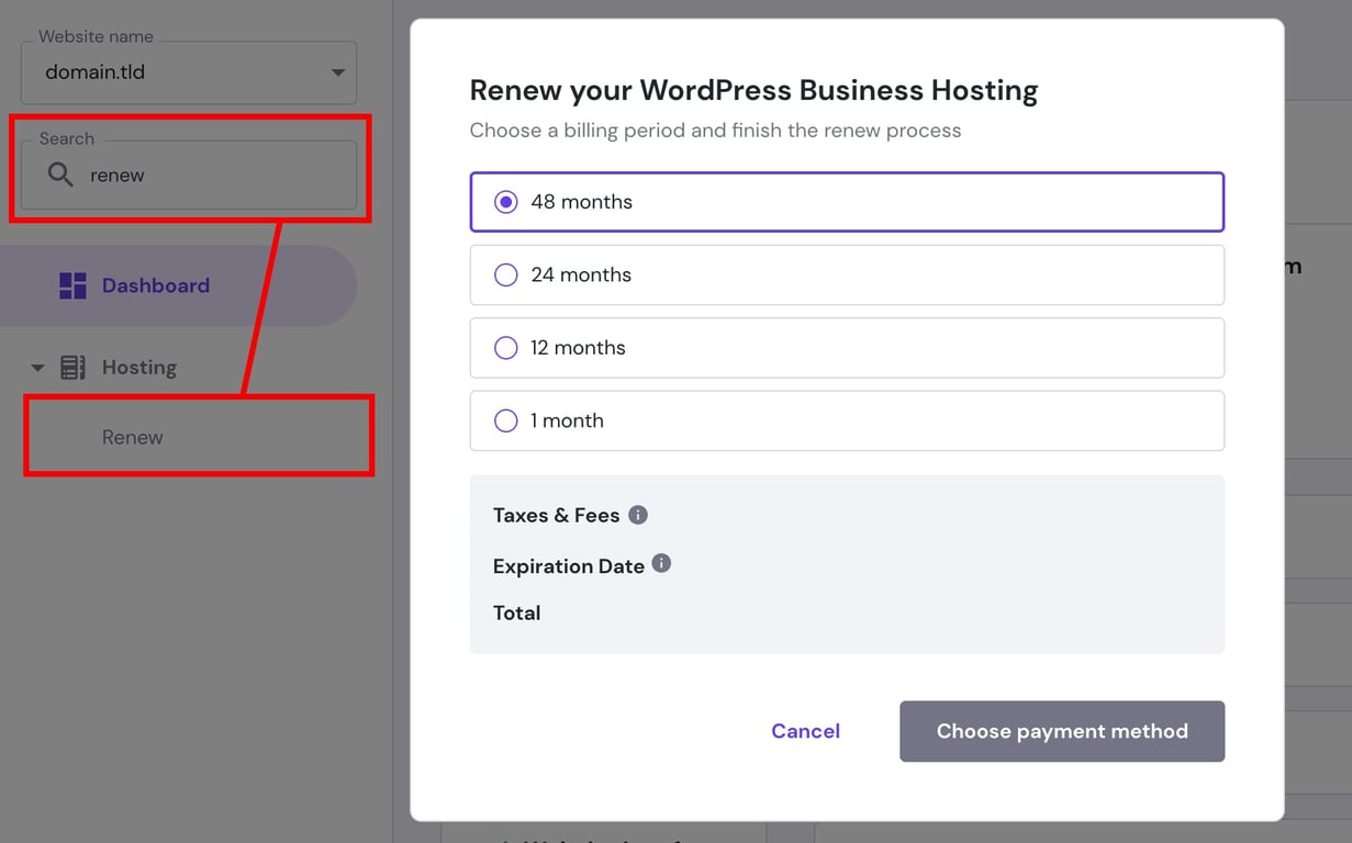 WordPress Business Hosting renewal dialog with 48 months selected and search field showing “renew”