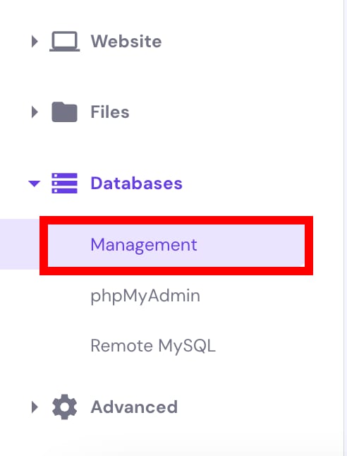 Hostinger dashboard Databases menu with Management highlighted