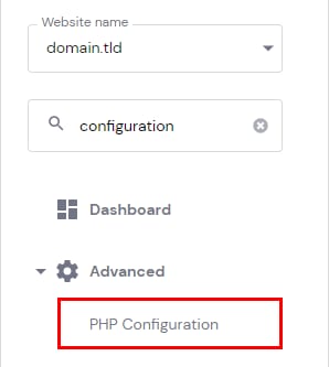 Hostinger dashboard sidebar with PHP Configuration menu option highlighted