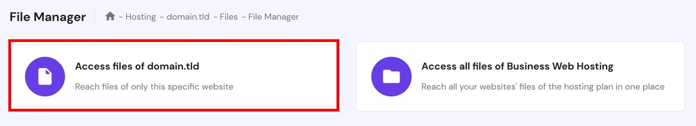 Hostinger File Manager option to access files of domain.tld, highlighted