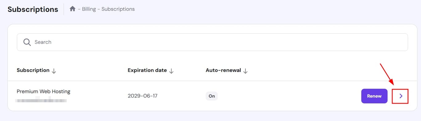 Premium Web Hosting subscription with Renew button and highlighted next-arrow button