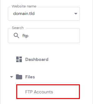 Hostinger dashboard sidebar with FTP Accounts highlighted under Files