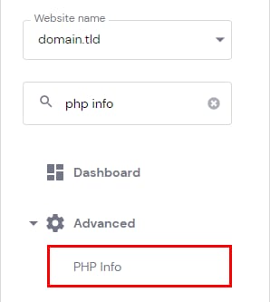 Hostinger dashboard Advanced menu with PHP Info highlighted below the php info search field