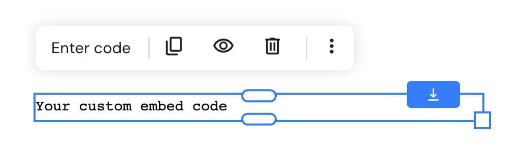 Hostinger Website Builder custom embed code block selected with resize handles and download button