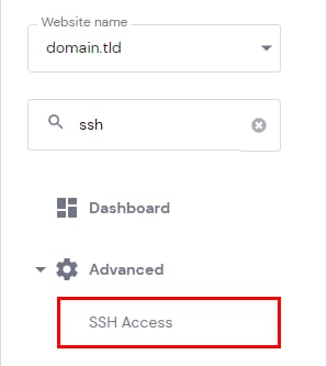 Hostinger dashboard Advanced menu with SSH Access highlighted