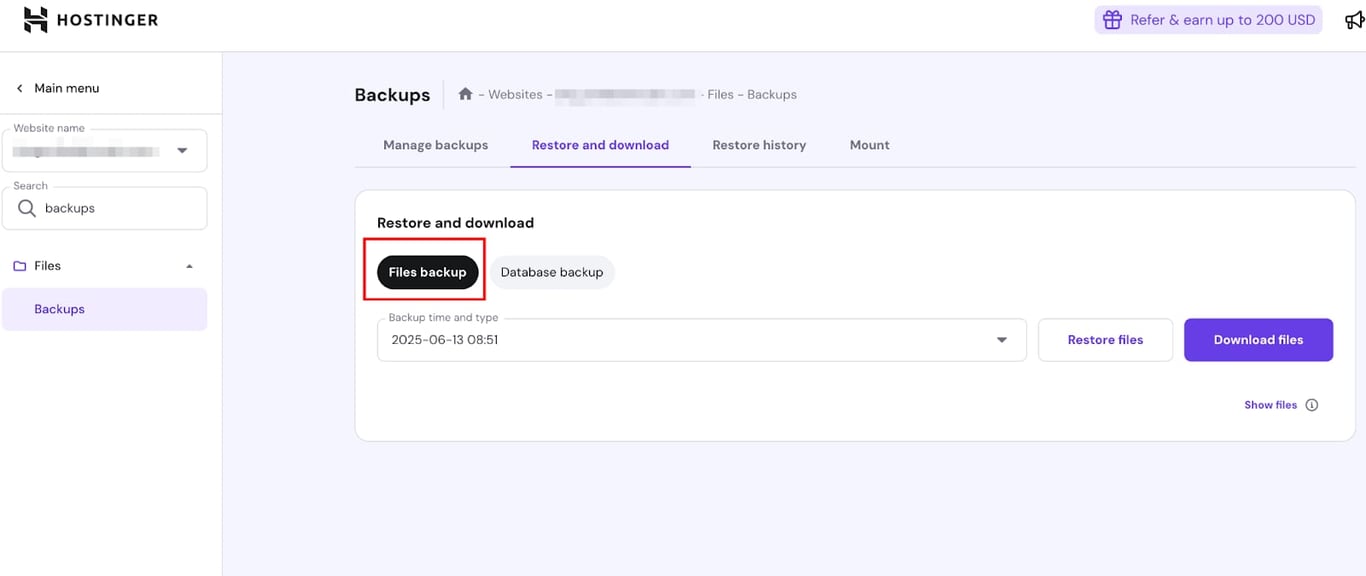 Hostinger backups page with the Files backup tab highlighted for restore and download
