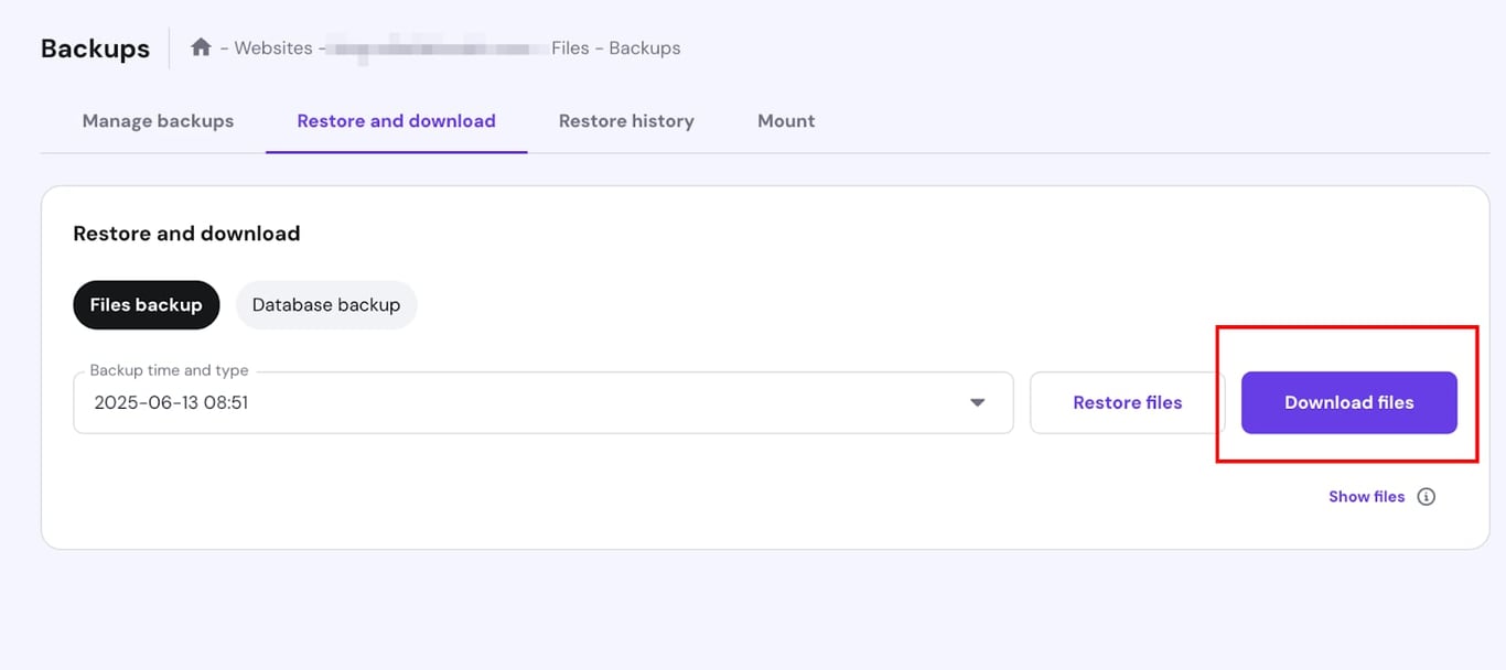 Hostinger Backups page with the Download files button highlighted