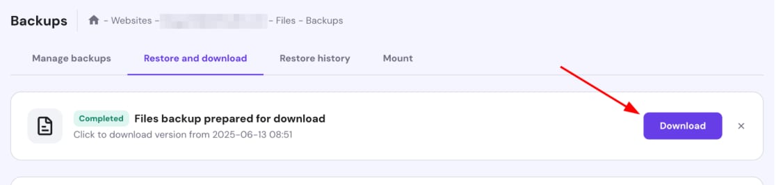 Hostinger backups page with Download button highlighted for a prepared files backup