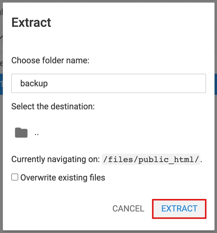 Hostinger file manager Extract dialog with the Extract button highlighted